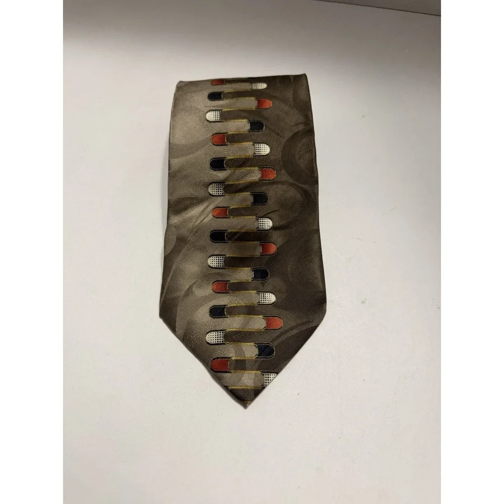 Campanello Silk Tie Mens Taupe Olive Green Geometric Pattern Hand Made Korea